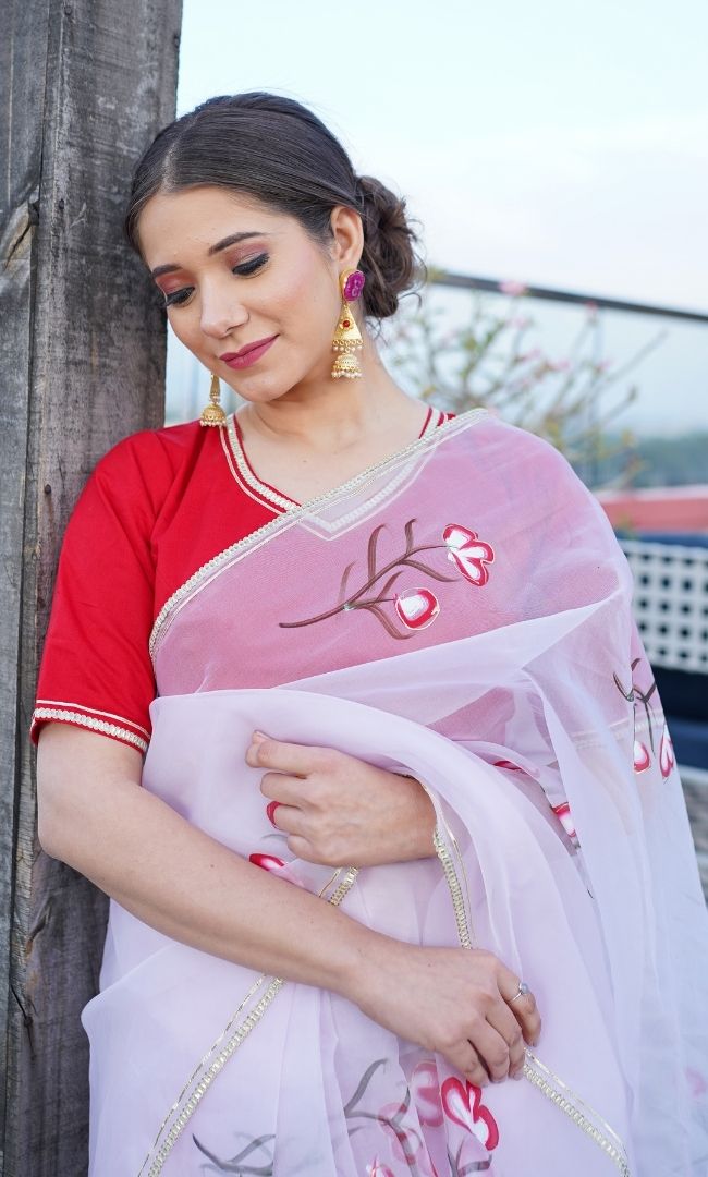 PINK ORGANZA HAND PAINTED SAREE