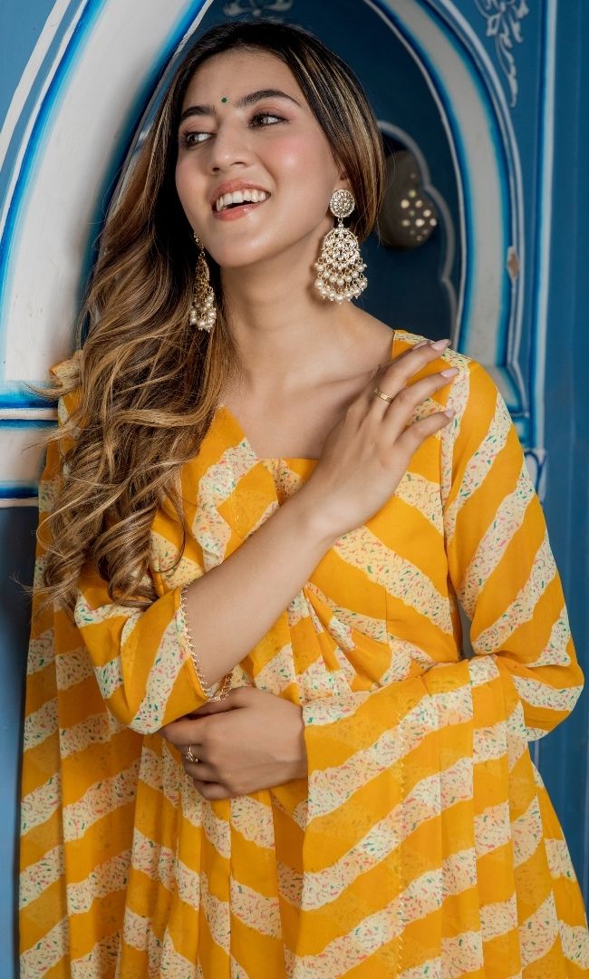 BUMBLE BEE YELLOW LEHERIYA KALIDAR KURTA PANT WITH DUPATTA SET