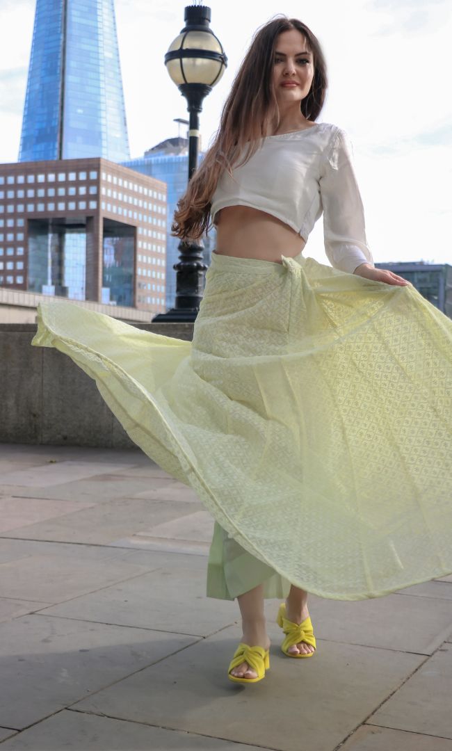 LIGHT YELLOW CHIKANKARI SKIRT WITH CROP TOP SET