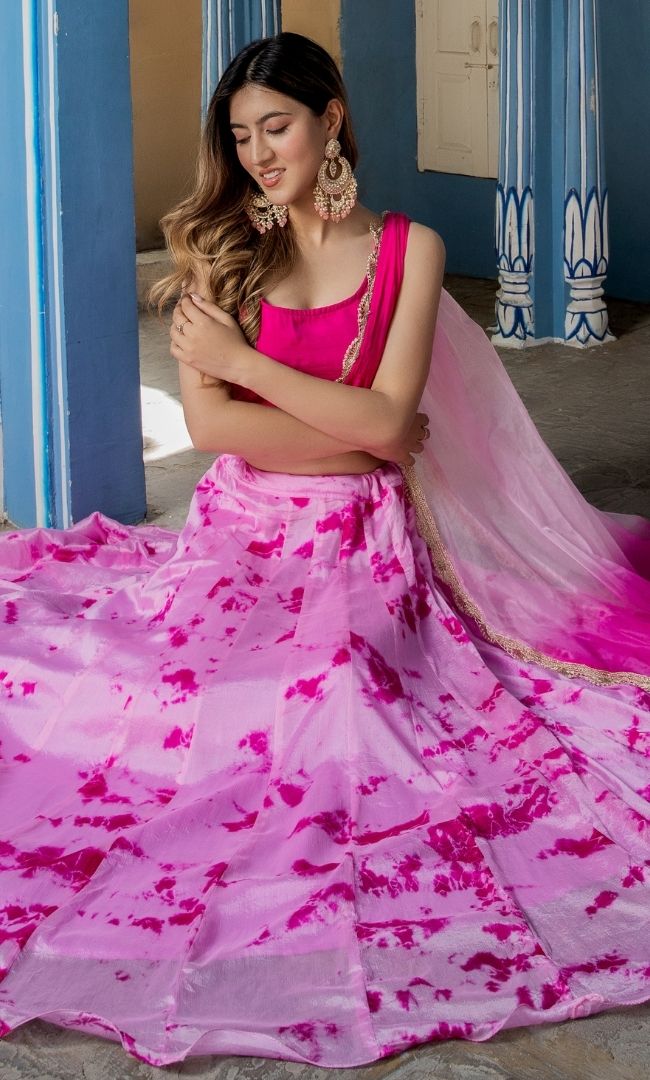 TYE-DYE PINK UMBRELLA SKIRT WITH CROP TOP SET