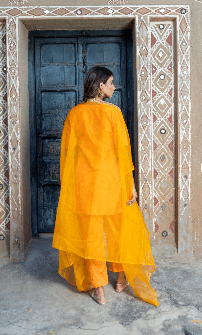 Mustard Short Kurta Pant & Cape 3pc Set