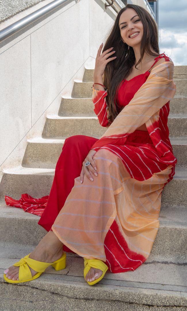 RUBY RED CROP TOP & FLARED PANT WITH SHRUG
