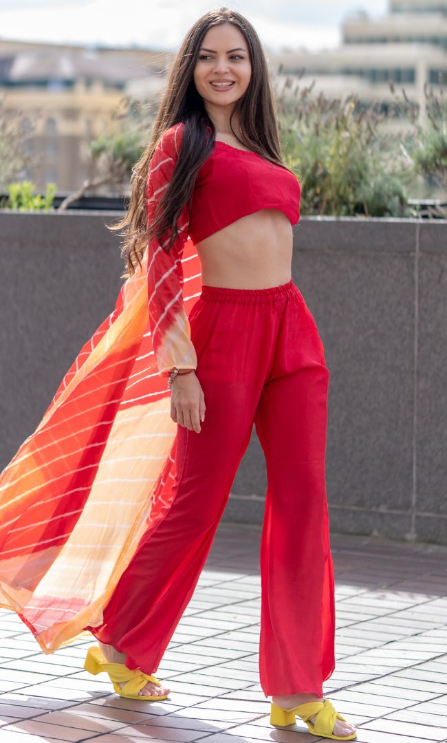 RUBY RED CROP TOP & FLARED PANT WITH SHRUG