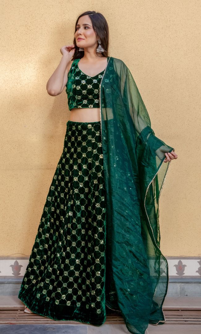 TROPICAL ROUND SEQUENCE VELVET LEHENGA SET