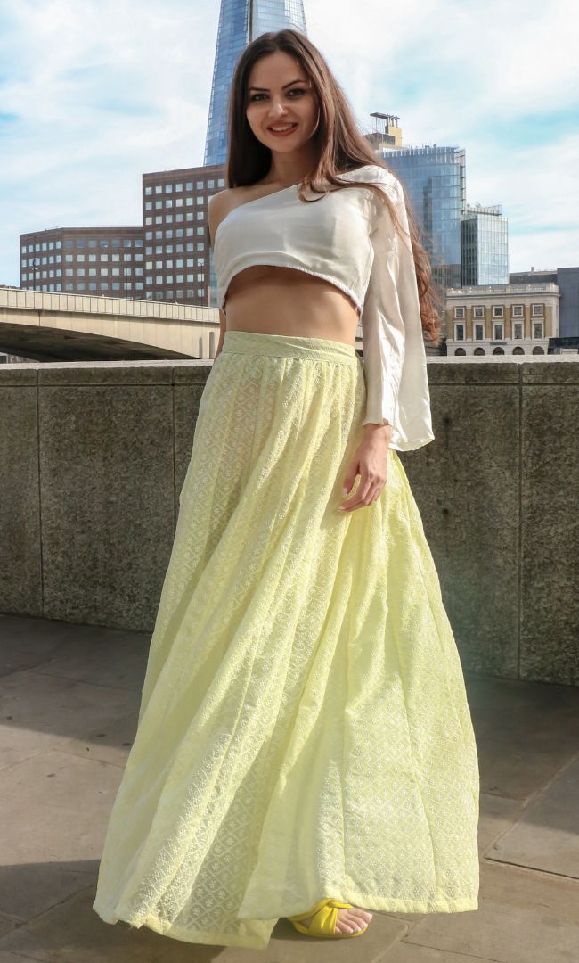 LIGHT YELLOW CHIKANKARI SKIRT WITH CROP TOP SET