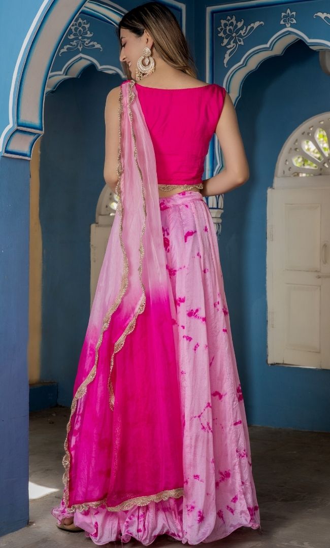 TYE-DYE PINK UMBRELLA SKIRT WITH CROP TOP SET