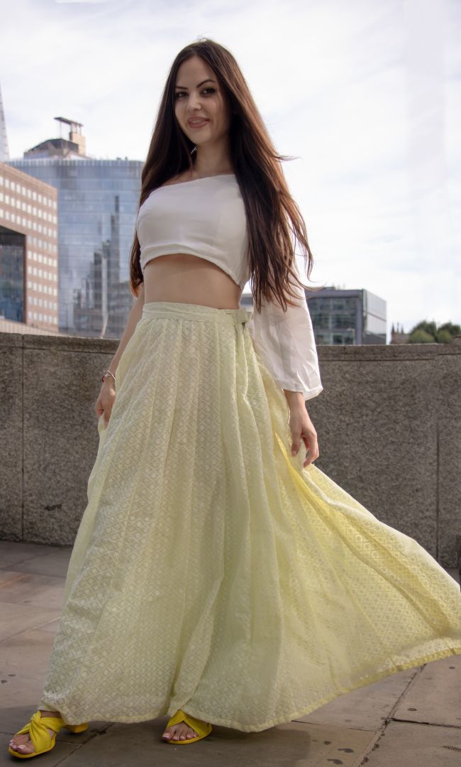 LIGHT YELLOW CHIKANKARI SKIRT WITH CROP TOP SET