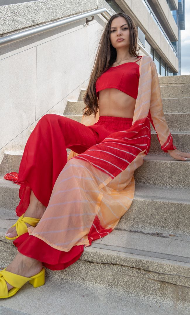 RUBY RED CROP TOP & FLARED PANT WITH SHRUG