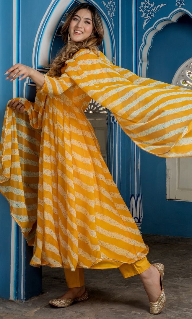 BUMBLE BEE YELLOW LEHERIYA KALIDAR KURTA PANT WITH DUPATTA SET
