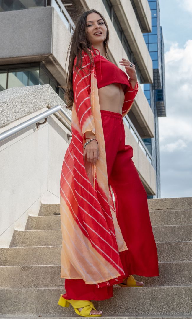 RUBY RED CROP TOP & FLARED PANT WITH SHRUG