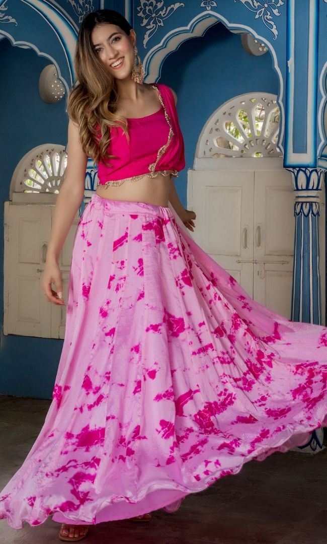 TYE-DYE PINK UMBRELLA SKIRT WITH CROP TOP SET