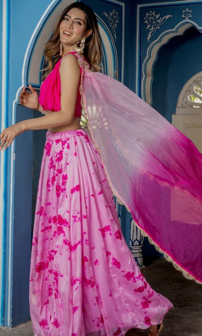 TYE-DYE PINK UMBRELLA SKIRT WITH CROP TOP SET