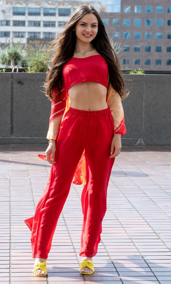 RUBY RED CROP TOP & FLARED PANT WITH SHRUG