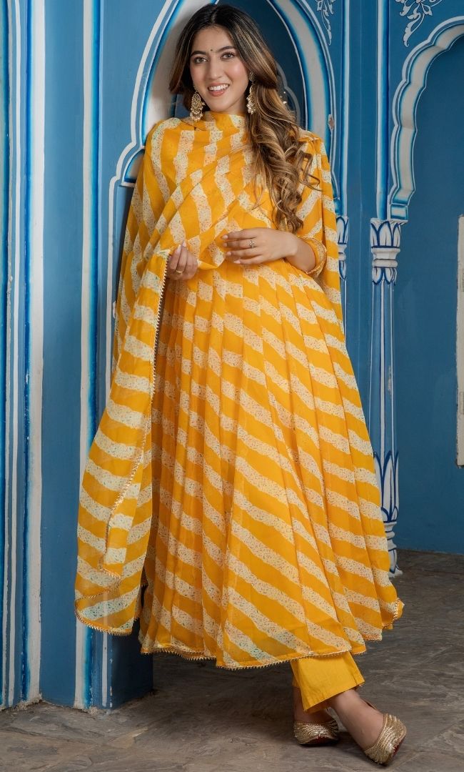 BUMBLE BEE YELLOW LEHERIYA KALIDAR KURTA PANT WITH DUPATTA SET