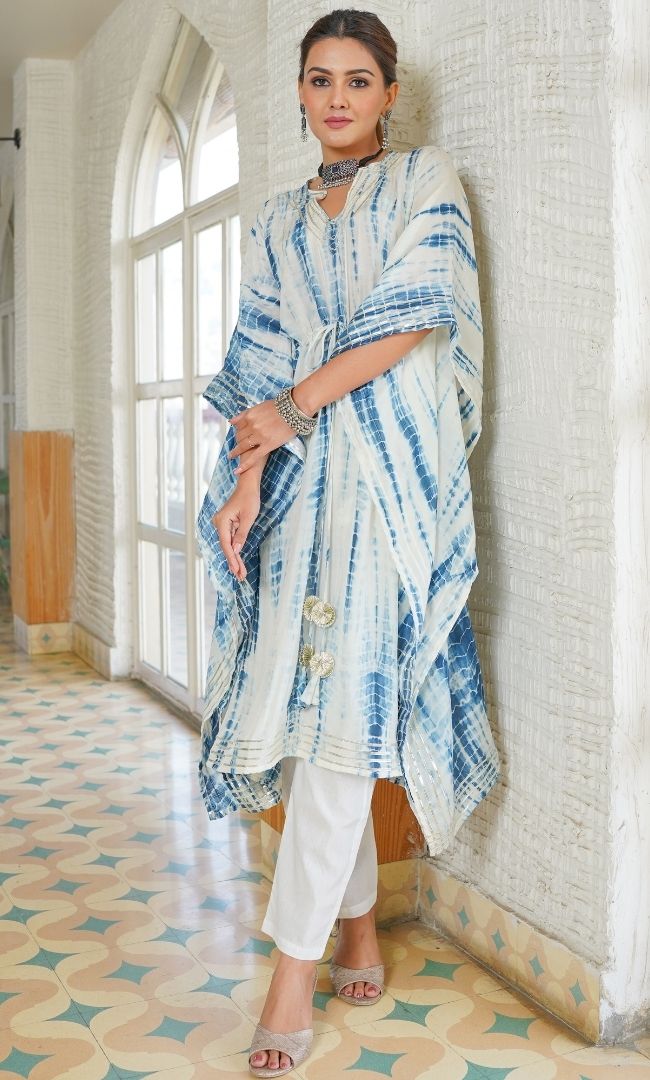 BLUISH BLOOM  SILK SHIBORI KAFTAN & PANT SET