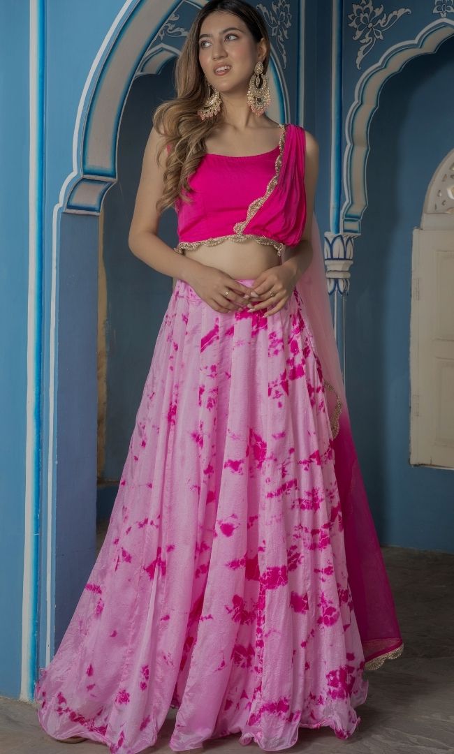 TYE-DYE PINK UMBRELLA SKIRT WITH CROP TOP SET