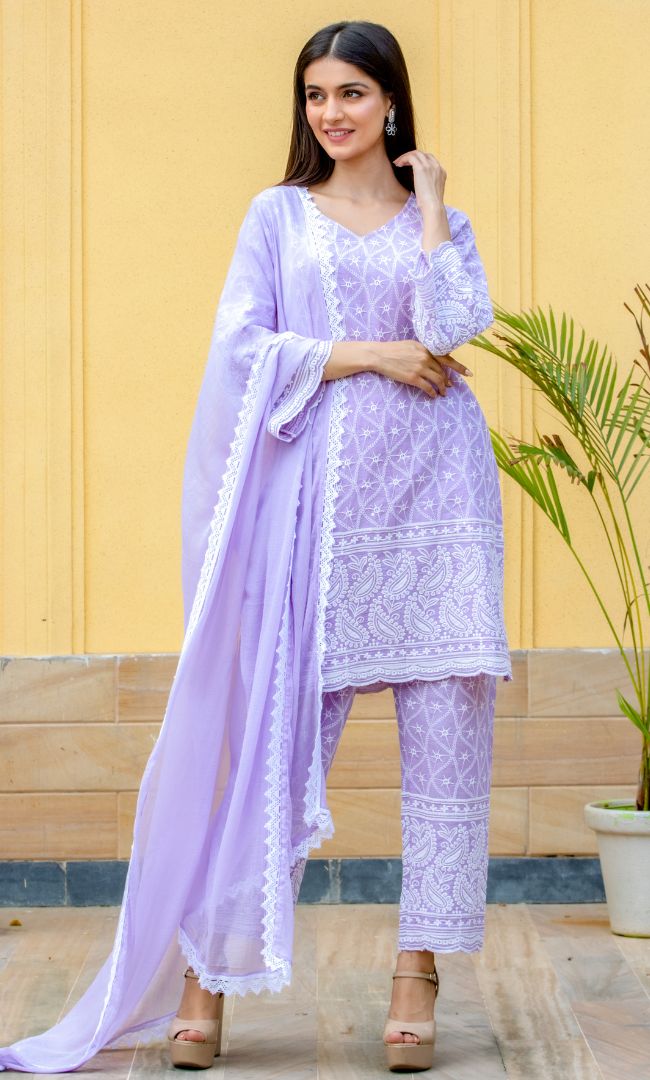 LILAC CHIKANKARI KURTA