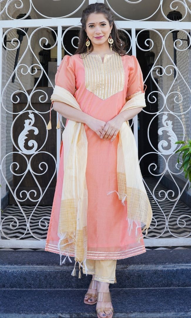 PEACH CREAM CHANDERI STRAIGTH KURTA PANT WITH DUPATTA SET