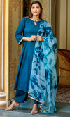 TEAL BLUE COTTON KURTA PANT WITH DUPATTA SET