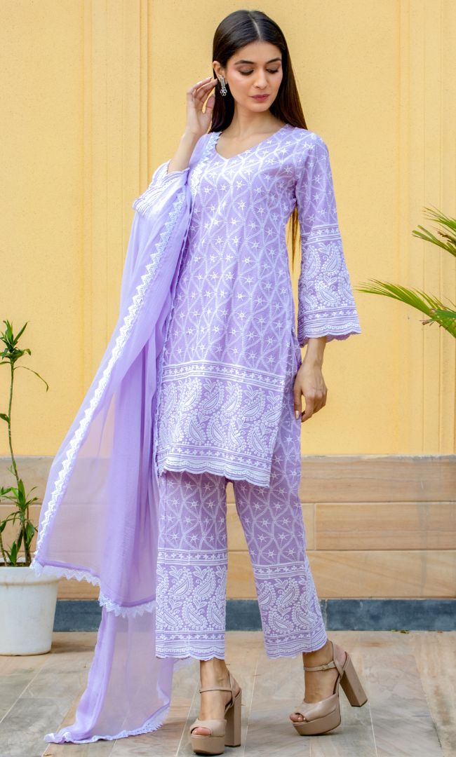 LILAC CHIKANKARI KURTA