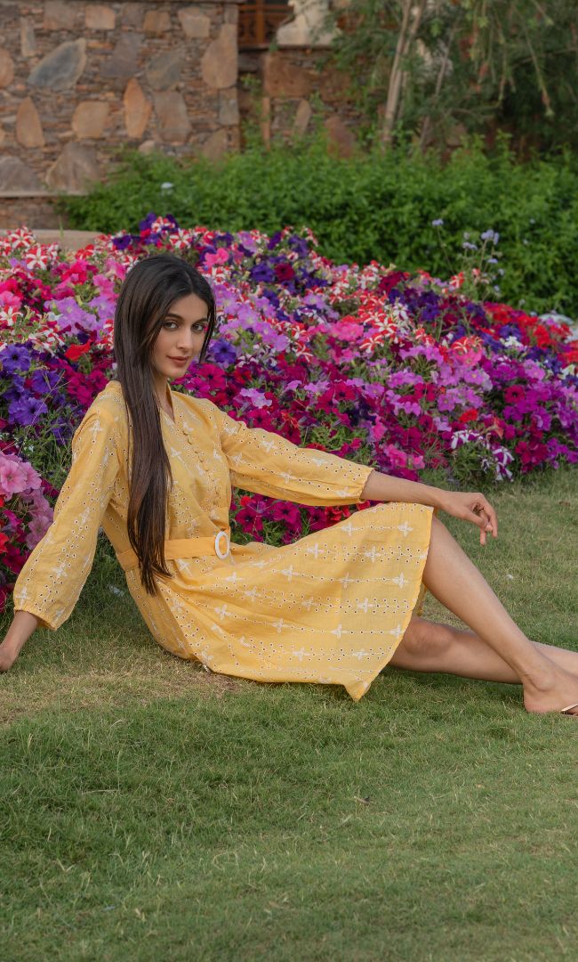 CANARY YELLOW CUT WORK DRESS