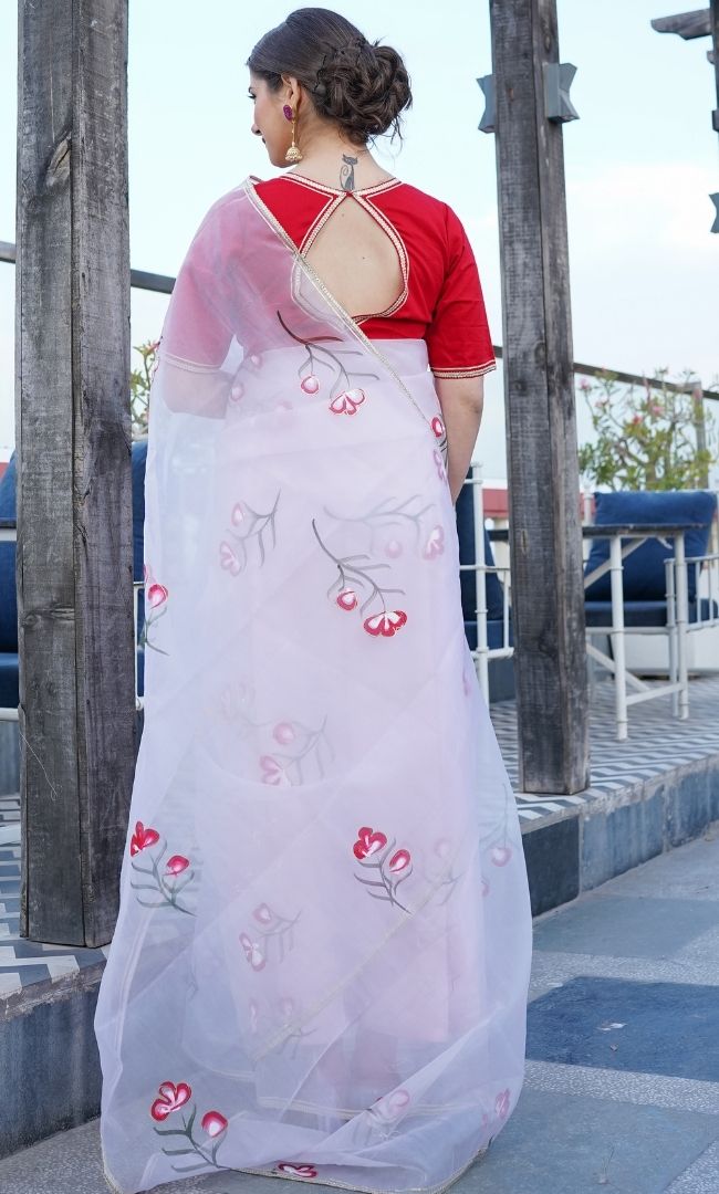 PINK ORGANZA HAND PAINTED SAREE