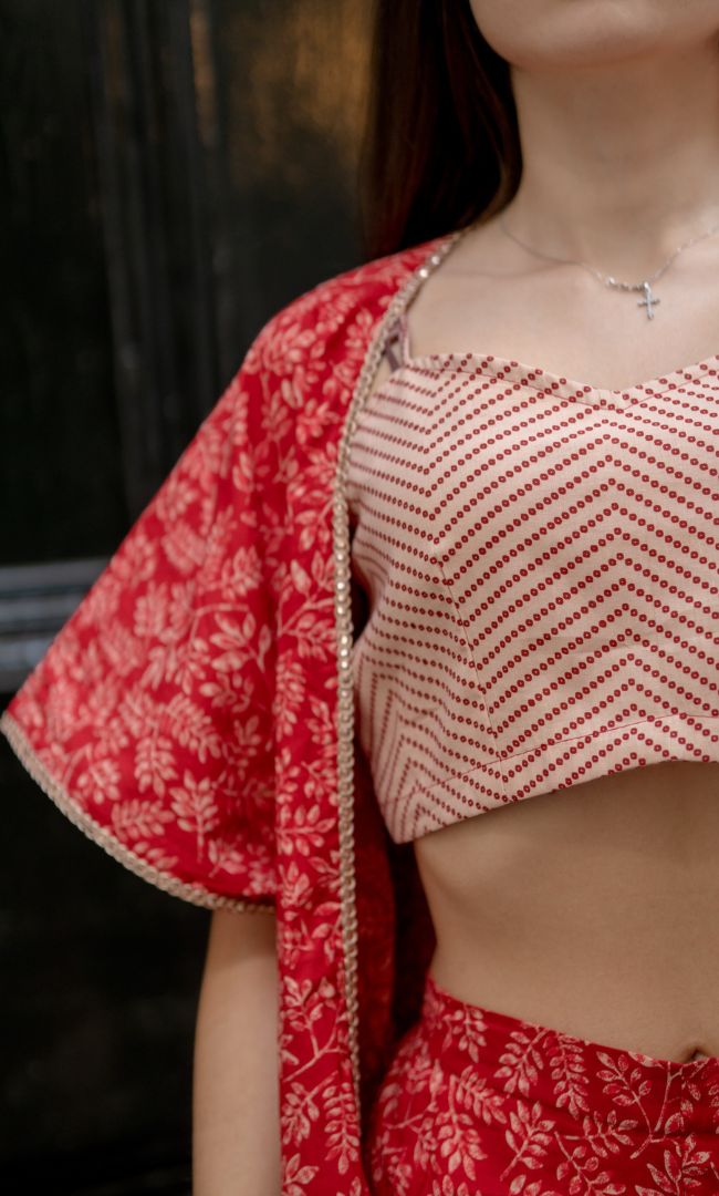 CRIMSON RED CAPE WITH CROP TOP & SHARARA