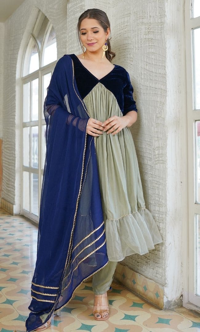 TAUPE BLUES RUFFLED KURTA PANT WITH DUPATTA SET