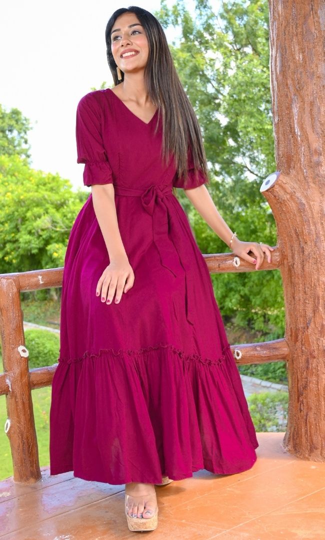 BURGUNDY SLUB FLARED DRESS