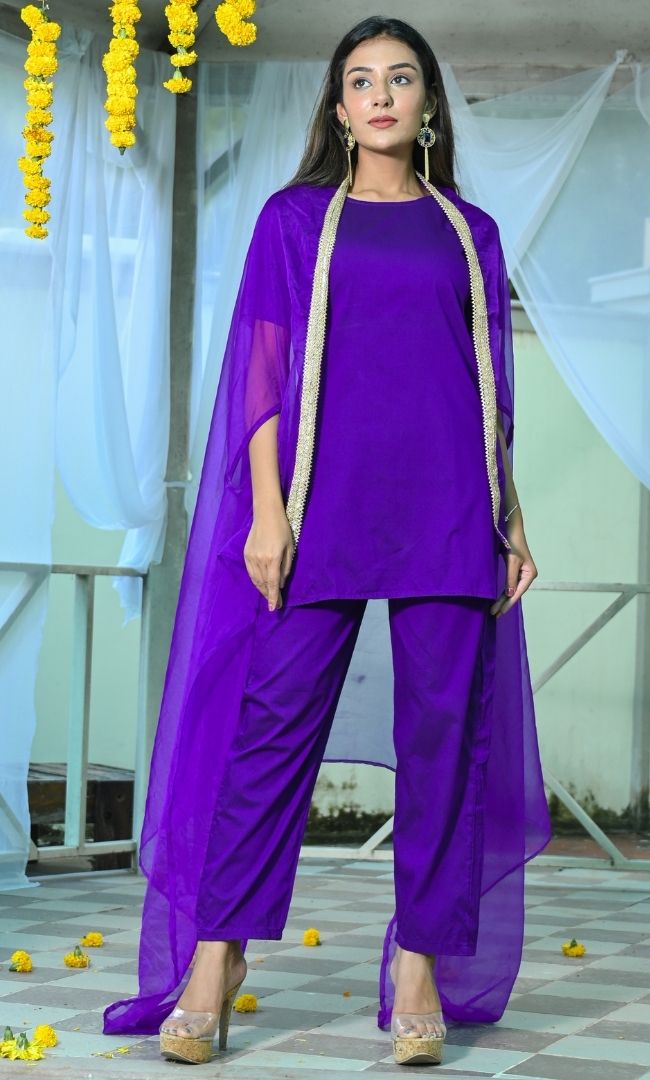 COSMOS PURPLE SHORT KURTA PANT WITH CAPE