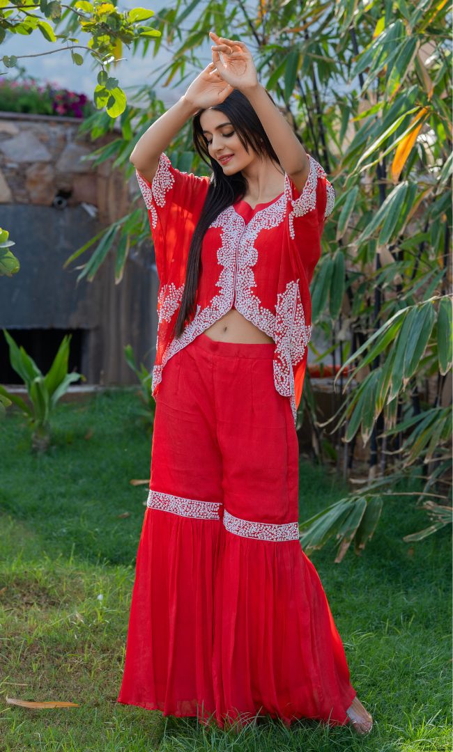 BLOOD RED HANDWORK SHARARA SET