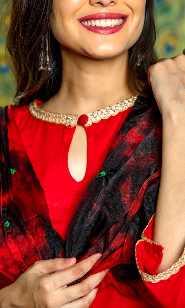 RED COTTON KURTA PANT WITH DUPATTA SET