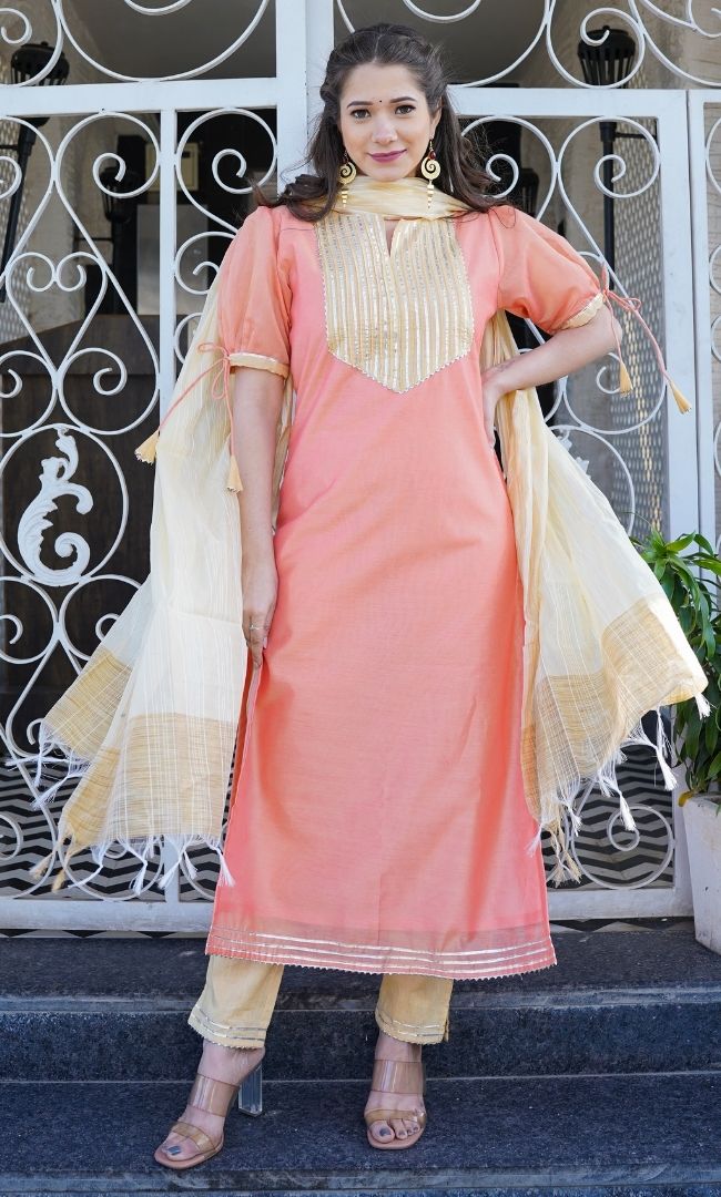 PEACH CREAM CHANDERI STRAIGTH KURTA PANT WITH DUPATTA SET