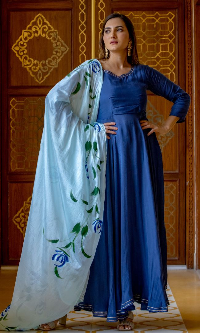 YALE BLUE SOLID ANARKALI KURTA WITH HAND PAINTED DUPATTA