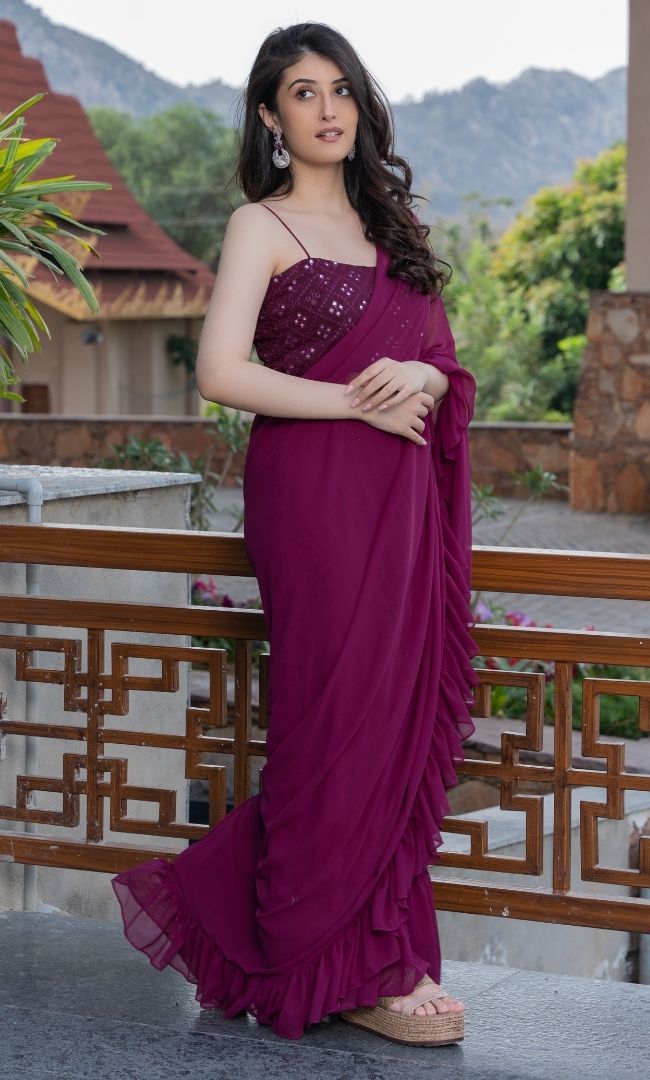 WINE RUFFLE SHARARA SAREE
