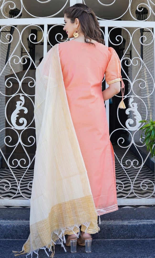 PEACH CREAM CHANDERI STRAIGTH KURTA PANT WITH DUPATTA SET