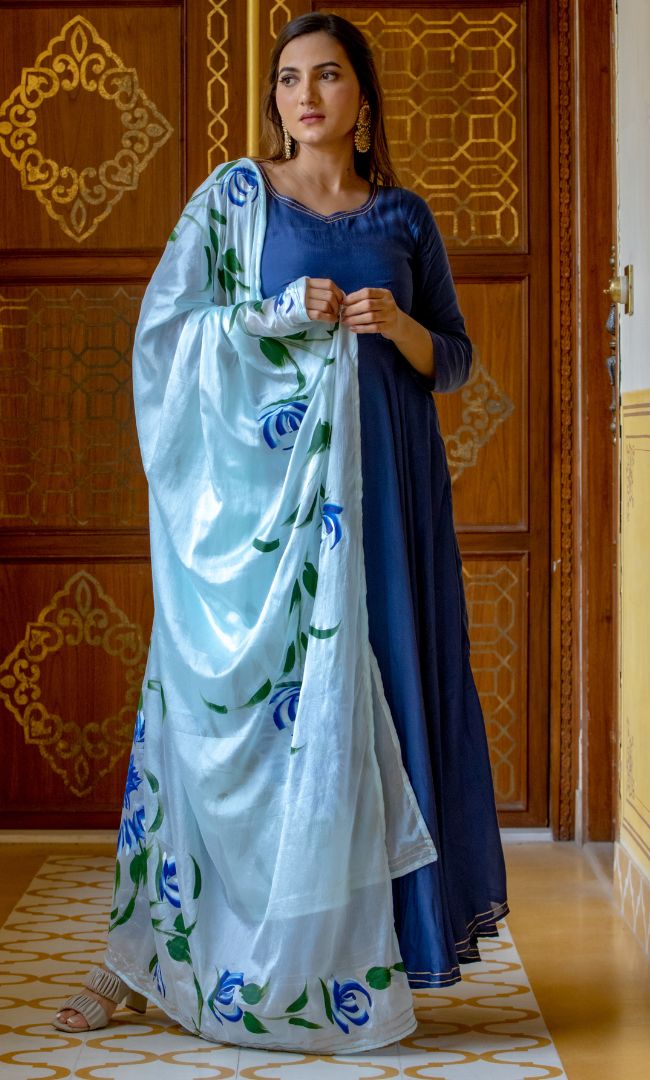 YALE BLUE SOLID ANARKALI KURTA WITH HAND PAINTED DUPATTA