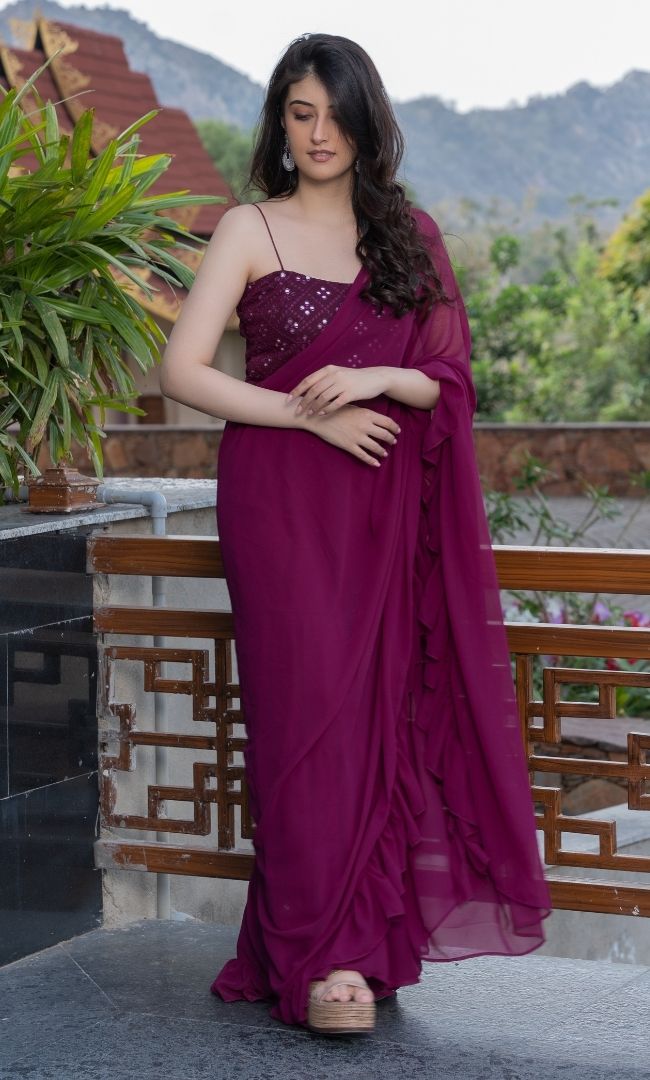 WINE RUFFLE SHARARA SAREE