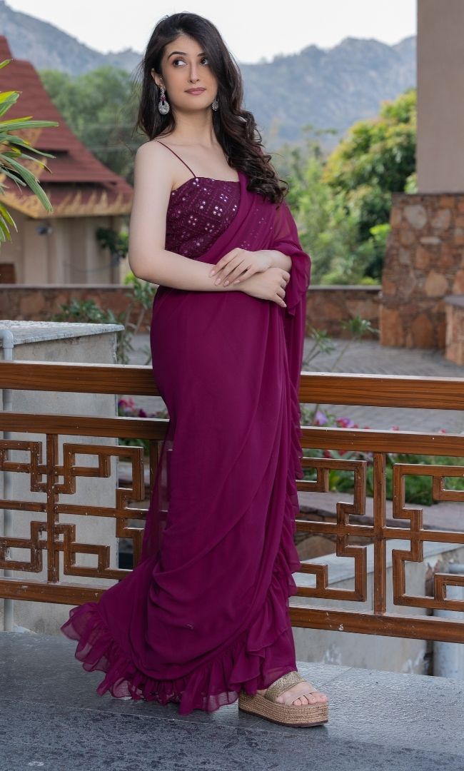 WINE RUFFLE SHARARA SAREE