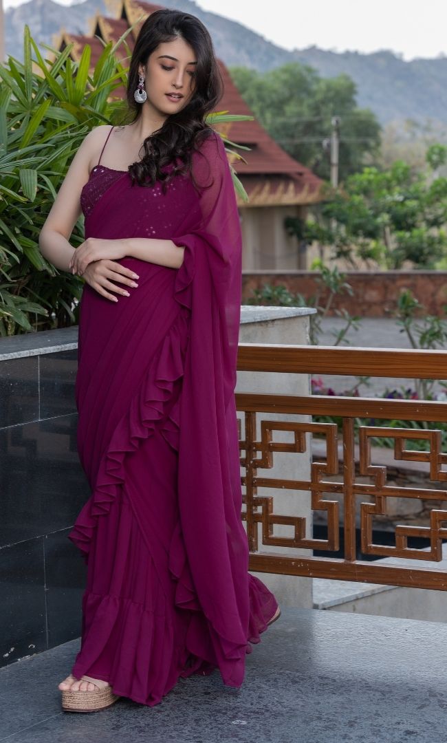 WINE RUFFLE SHARARA SAREE