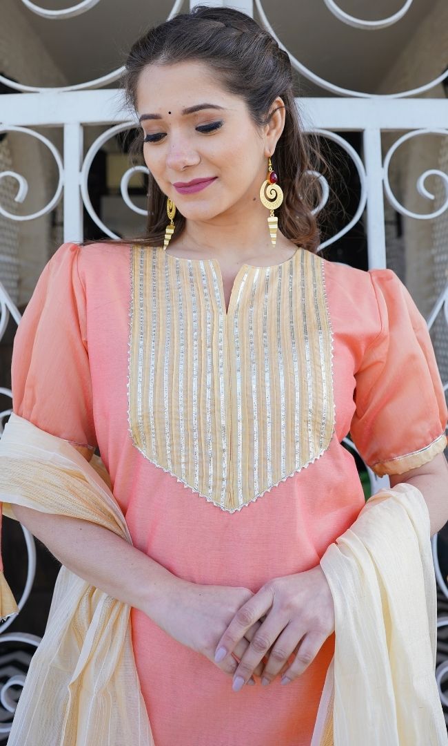 PEACH CREAM CHANDERI STRAIGTH KURTA PANT WITH DUPATTA SET