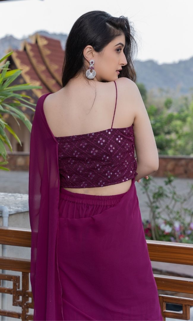 WINE RUFFLE SHARARA SAREE
