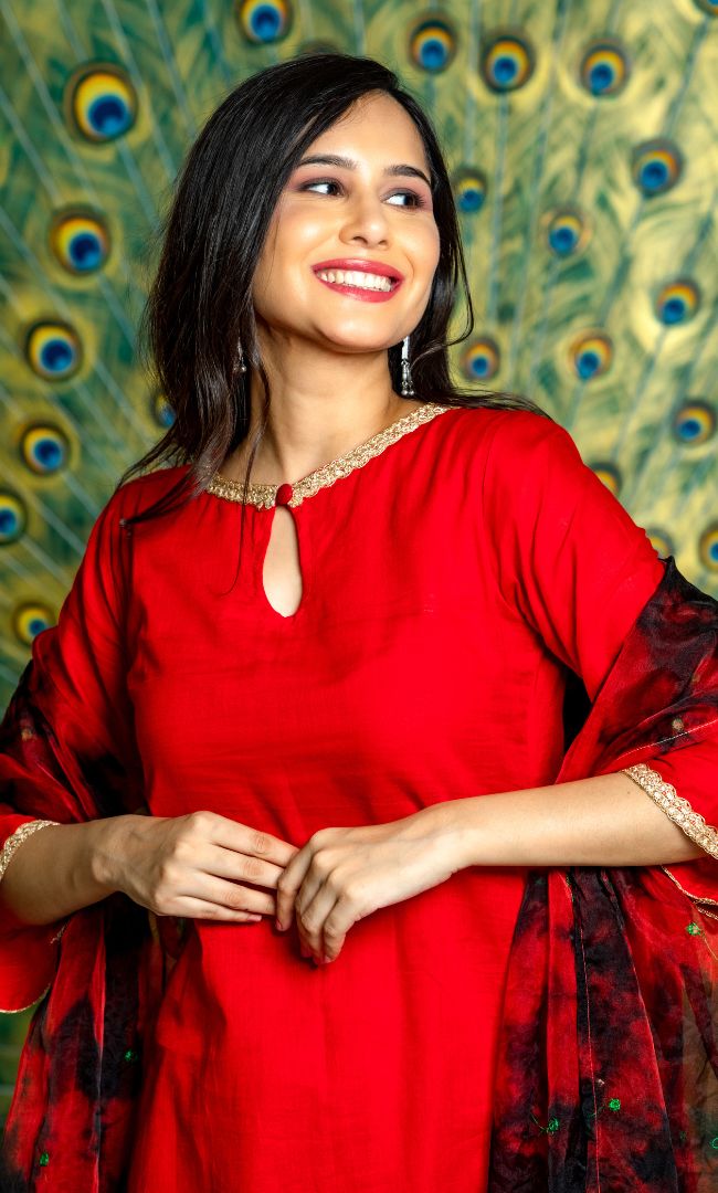 RED COTTON KURTA PANT WITH DUPATTA SET