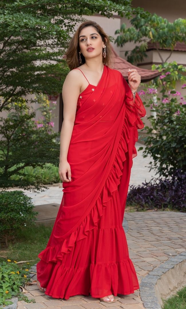 ROYAL RED RUFFLE SHARARA SAREE