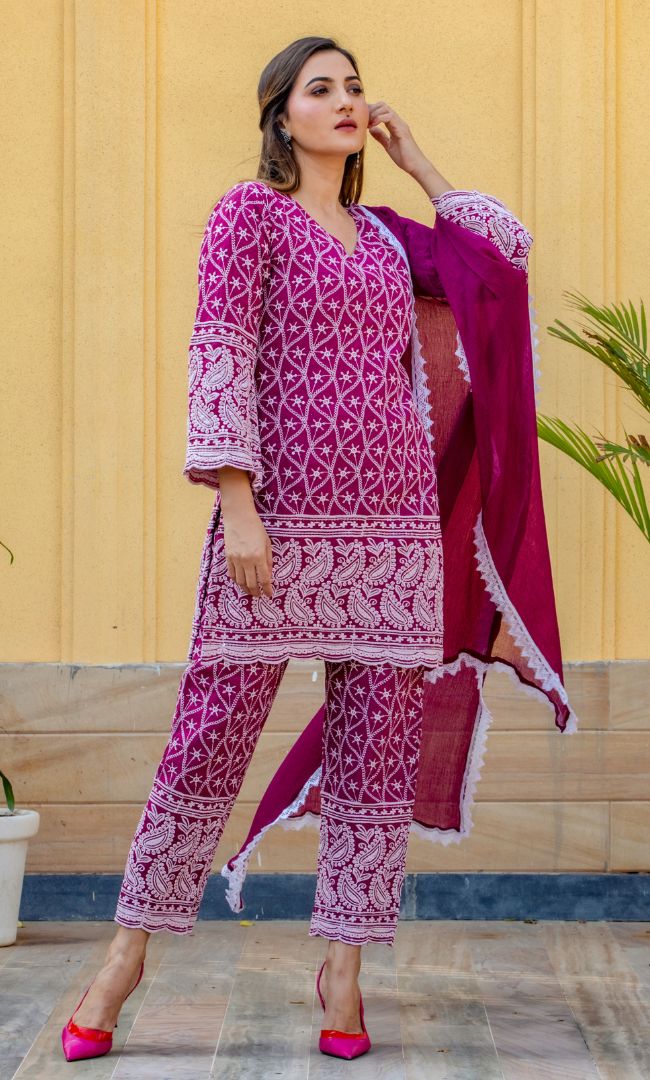 BURGUNDY CHIKANKARI KURTA