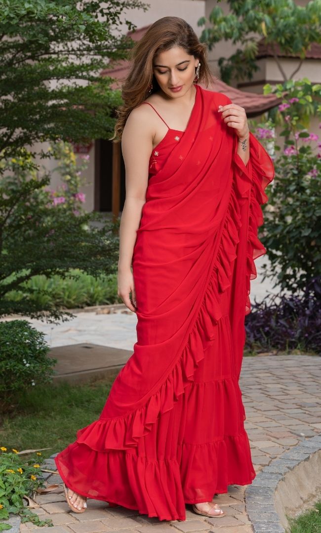 ROYAL RED RUFFLE SHARARA SAREE
