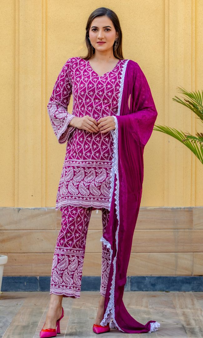 BURGUNDY CHIKANKARI KURTA