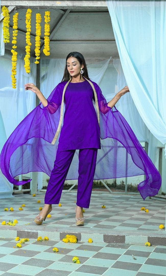 COSMOS PURPLE SHORT KURTA PANT WITH CAPE
