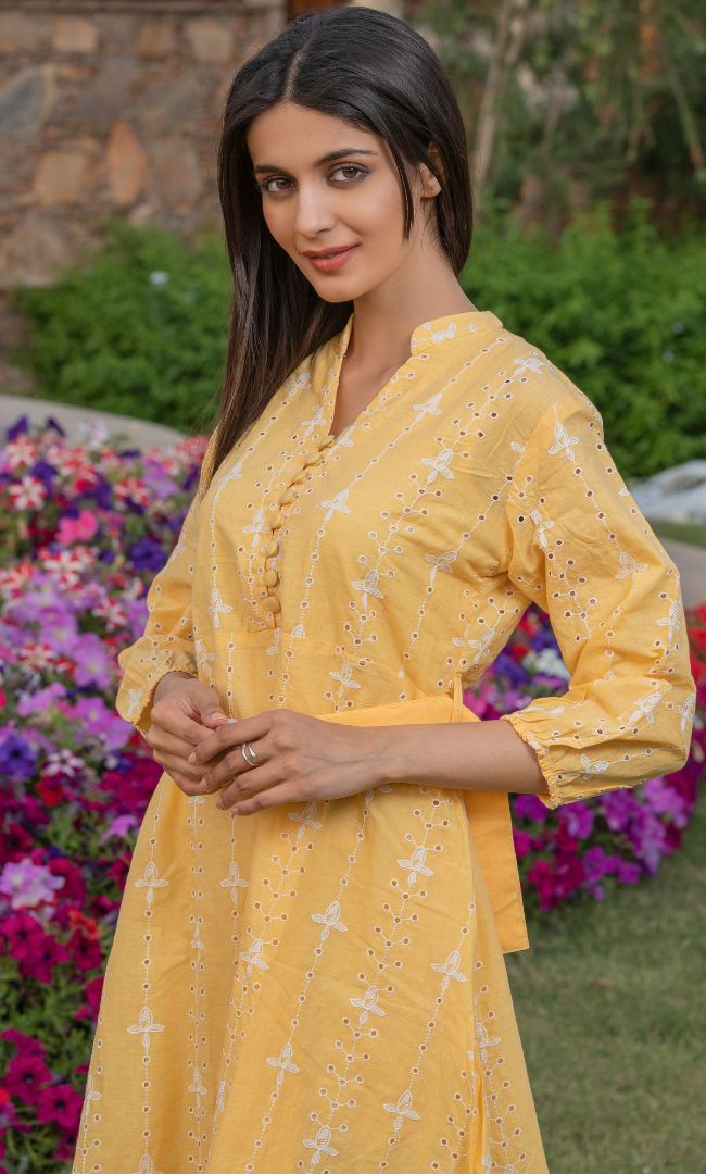 CANARY YELLOW CUT WORK DRESS