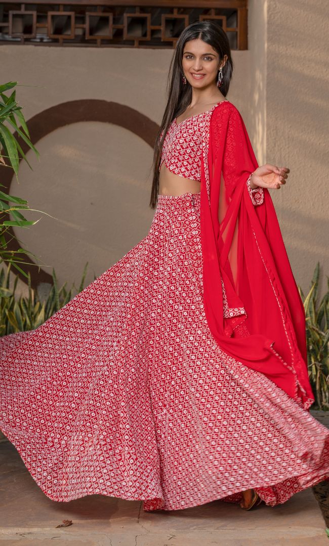 Red Embroidered Lehenga Set